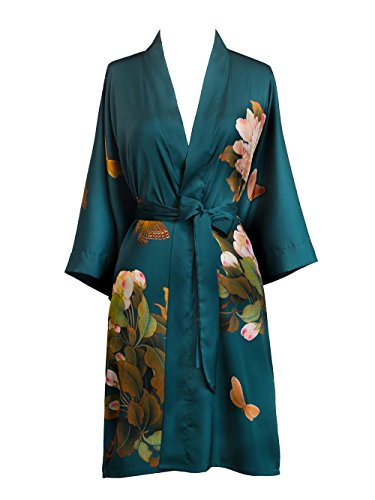 Old Shanghai Women's Kimono Robe Short Watercolor Floral (Peony & Butterfly- Vintage Teal)