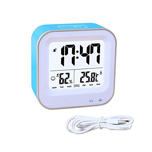 Bedroom 3 in1 Multifunction Alarm Clock, Rechargeable Alarm Clock with 12h or 24h/Temperature(C/F)/Humidity/Week Display, Snooze/Smart Nightlight Function (9909-Blue)
