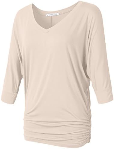 JollieLovin Womens V Neck 3/4 Dolman Sleeve Side Shirring Drape Top (S, Beige)