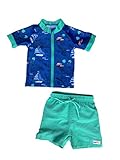SwimZip¨ Zipper Short Sleeve Rash Guard Swimsuit Set Captain Kid Blue