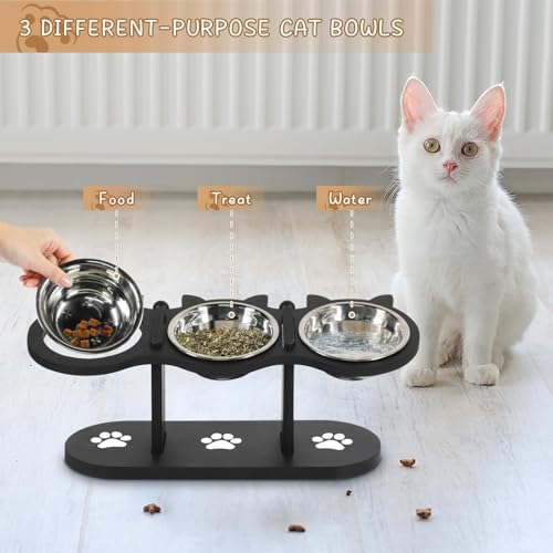 Elevated Cat Food Bowls for Indoor Cats with Adjustable Height Stand and Black Shelf, 3 Stainless Steel Bowls Tilted at 15° for Better Eating Posture, Ideal for Cats and Small Pets (Black)
