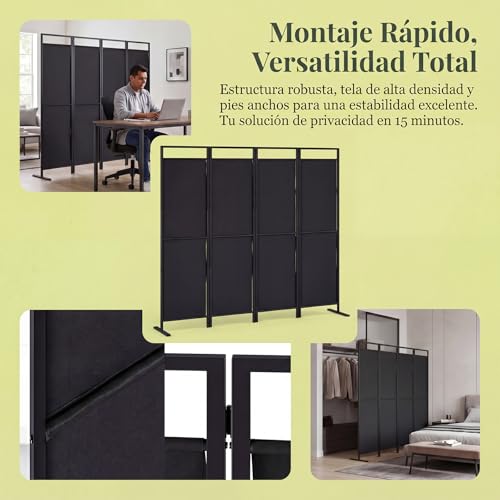 SIMPLE ESPACIO Biombo de privacidad Plegable de Cuatro Paneles, Base ensanchada, Divisor portátil, Dimensiones del Panel 175 cm de Ancho x 170 cm de Alto (Negro)