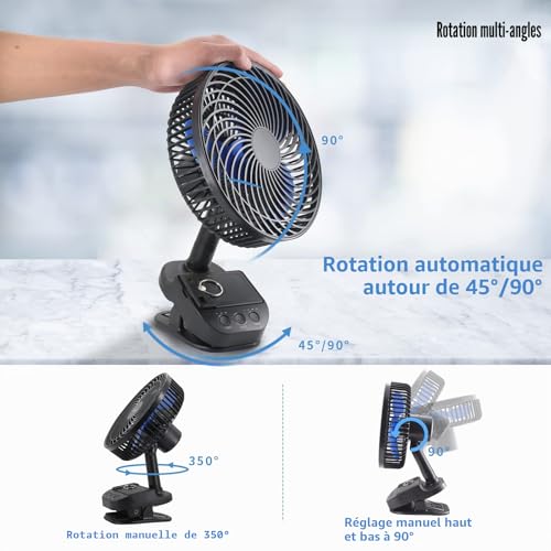ATEngeus USB Clip Fan, 10000 mAh Rechargeable Battery Fan, 5 Speeds Camping Fan, Multi-Angle Rotation, Timer with Clip and Hook for Baby Stroller, Office