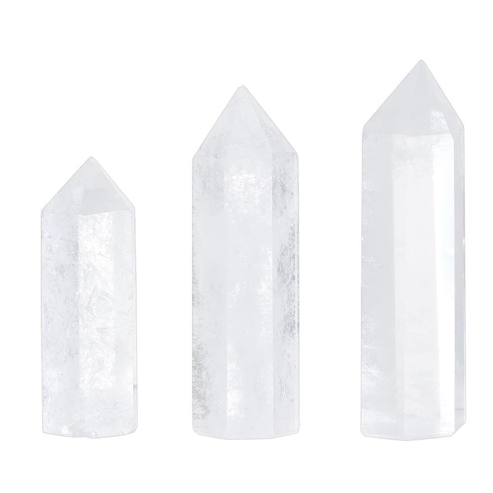 BENECREAT 3Pcs Natural Quartz Crystal Towers 45-70mm Clear Crystal Wand 6 Faceted Prism Point Wand for Therapy Reiki Balancing, Home Display Decoration