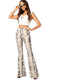 WDIRARA Pantalones largos de cintura alta de piel de serpiente casual para dama Pantalones acampanados elásticos
