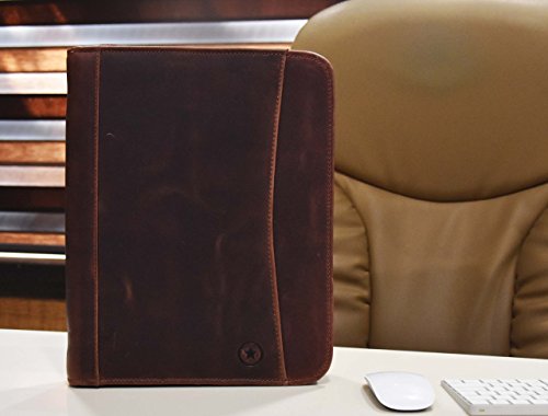 RFID Protected Leather Portfolio | Zipper Binder Planner | Tablet Holder by Aaron Leather (Brunette Brown)