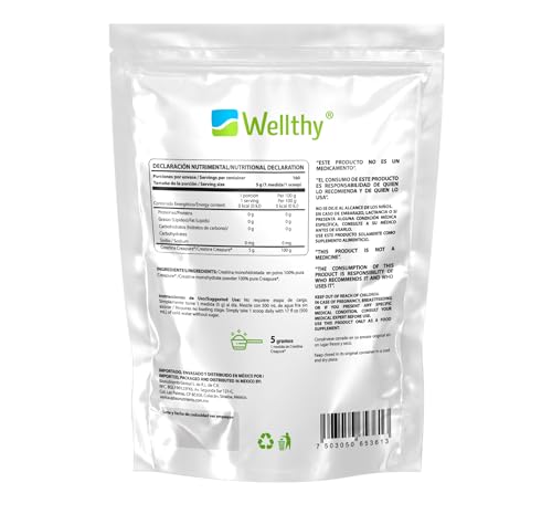 Wellthy Creatina Monohidratada Micronizada Creapure ® 800g. 100% Pura. Solo 1 Ingrediente Creatina Alemana Creapure®. Vegana, Sin Azúcar, 160 porciones, 5g por porción, Pre Entreno con Scoop. Pure. Proven. Perfect.