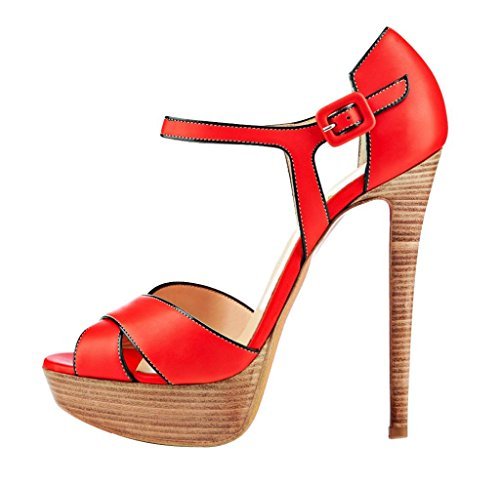 Onlymaker Women's High Heel Buckle Sandals Red Copy Sheepskin Size US 11