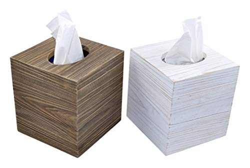 Spiretro Set of 2 Square Tissue Box Cover, Rustic Reclaimed Wood Facial Paper Holder for Bathroom, Vanity Countertops, Dressers, Night Stands, Desks, Tables - Farmhouse Classic Grey & Whitewash