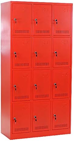Amazon ロッカー おしゃれ 完成品 スチールロッカー 12人用 レッド 鍵付き スペアキー付き 3列4段 スチール キャビネット シューズ ロッカー シューズボックス スチールシューズボックス 12枚扉 シリンダー錠 靴箱 業務用 スリム かぎ付き 更衣ロッカー 赤 F012red