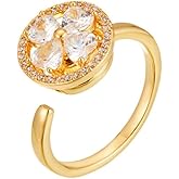 Kokoma Cubic Zirconia Four Leaf Clover Open Statement Ring for Women Shiny Rhinestone Lucky Leaves Flower Engagement Promsie Stacking Wrap Finger Band Rotating Rings