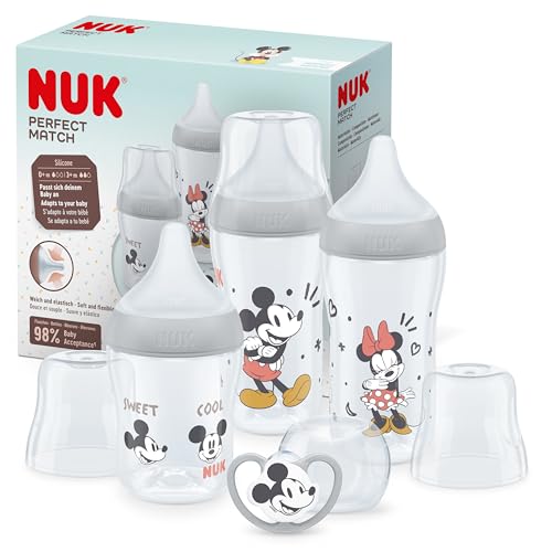NUK Perfect Match Baby Bottles Set | 0-6+ Months | Adapts to Babys Palate | 3 x Anti Colic Baby Bottles & Space Soother | Disney Mickey Mouse | 4 Count