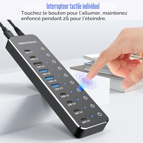 USB Powered Hub, RSHTECH USB 3.2/USB-C 10 Ports Hub with 3X 10Gbps Data Port (2C+1A), 7X 5Gbps 3.0 Ports (4C+3A), 12V/5A 60W Power Supply, Individual Touch Switches USB Hub, RSH-ST10C-6