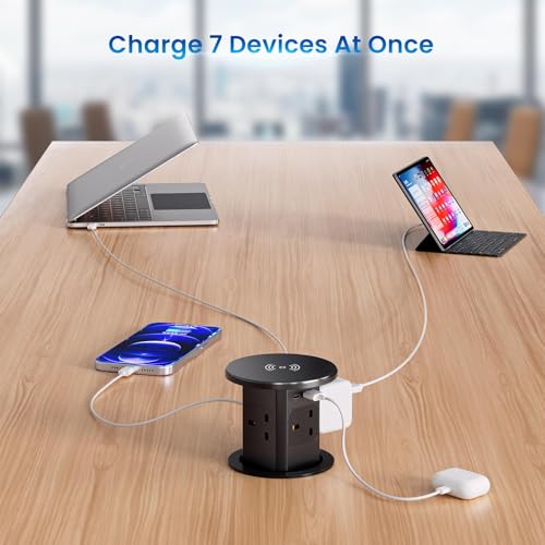 LBOYLOVE® 7-in-1 Pop up Socket – Automatic Power Outlet with 15W Wireless Charger, 4 AC Outlets, 1 USB-A & 1 USB-C for Kitchen Worktops & Desk Countertops
