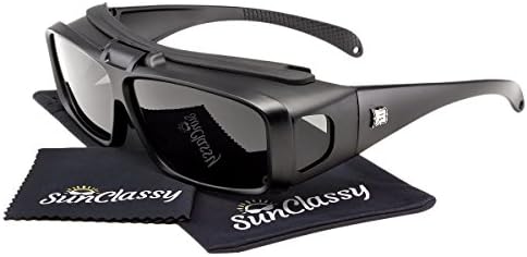 Sunclassy Mens Womens Black Polarized Sunglasses Fit Over Cover Wear Over Prescription Glasses Anti Glare Driving Wrap Around Driving Square Frame Motorcycle Block UVA UVB UVC (Matte Black)