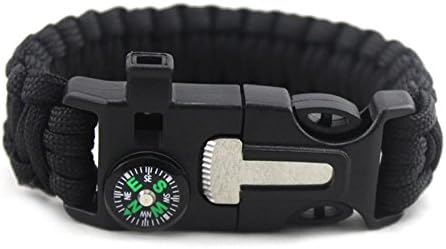 ChuangNing Military Outdoor Paracord Survival Bracelet For Hiking Travlingi Parachute Rope Bracelet With Compass, Flint Stone, Fire Sticks, Knife, Whistle (Black)