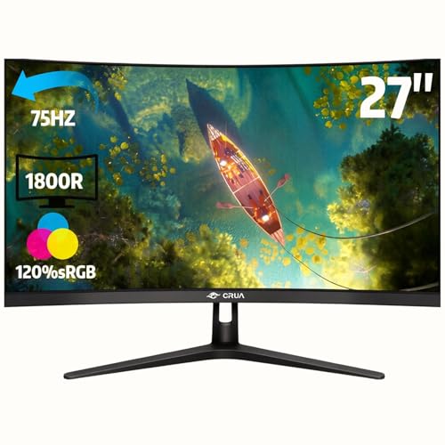 CRUA 27" Curved Monitor, Full HD (1920x1080P) VA Panel 1800R 75Hz 120% sRGB Professioneller Computermonitor, 3-seitig Rahmenlos, flimmerfrei, Blaulich
