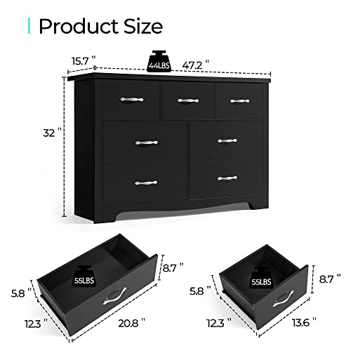 LINSY HOME 7 Drawer Dresser, Black Dresser for Bedroom, Modern Dresser