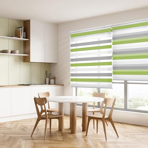 Blindecor Lira duo rollo tag und nacht , tricolor Grau, Pistaziegrün, Weiß - 140 x 180 cm (Breite x Länge). Stoffgröße 137 x 175 cm. Doppelrollo für fenster