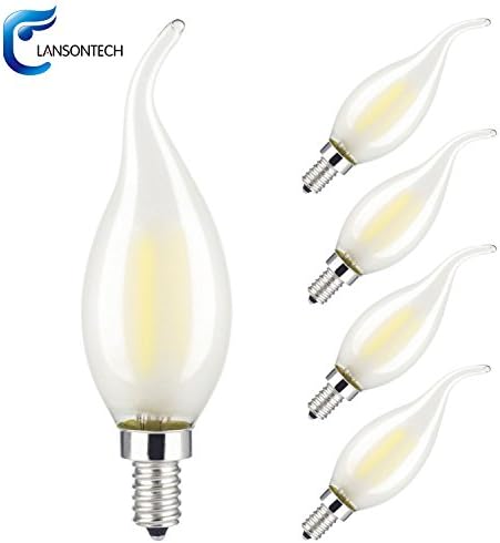 (5 Pack) LANSONTECH 2W LED Filament Candle Light Bulb, Warm White 2700K, 25W Incandescent Replacement, 250 Lumens, E12 Candelabra Base, Frosted Glass Cover, C35 Flame Shape Bent Tip, Non-dimmable