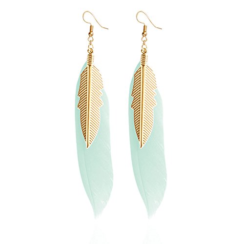 F&U Real Feather Design Indian Style With Golden Leaf Dangle Drop Earrings