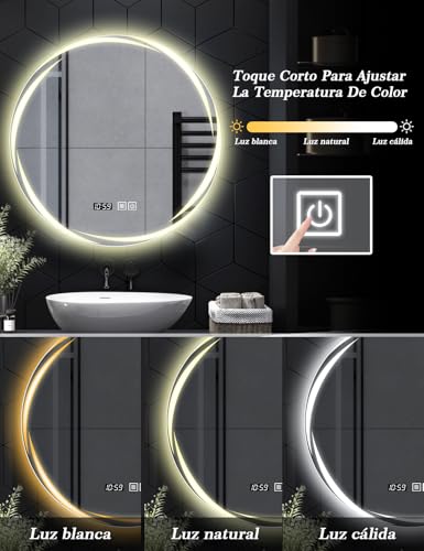 SAGIWO Espejo para Baño con Luz Led 70 * 70 cm, Espejo Inteligente Antivaho Redondo, con Luz Ajustable en 3 Colores, Función de Hora, Instalación Vertical/Horizontal