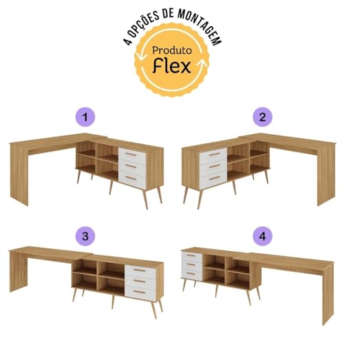 Mesa Gamer em L para Computador com 3 Gavetas Nexus Multimóveis Mp6048 Madeirado/branco