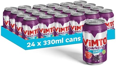 Vimto Original Real Fruit, Blackcurrant, Grape & Raspberry - No Added Sugar Fizzy Fruity Soft Drink - Multipack Cans (24 X 330ml)