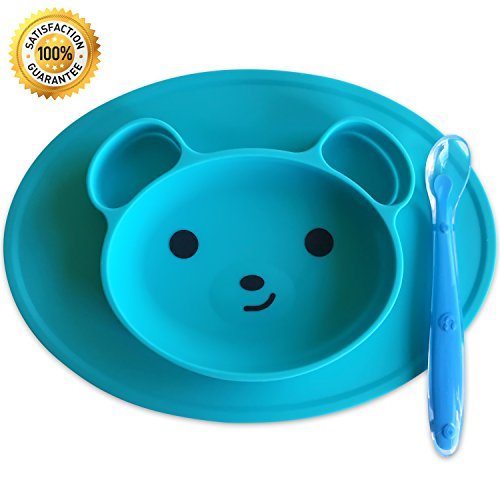 Silicone Baby Placemat [Happy Bear] Silicone Placemat For Toddlers Plus 1 Baby Spoon by Magnetor Plus (Blue)