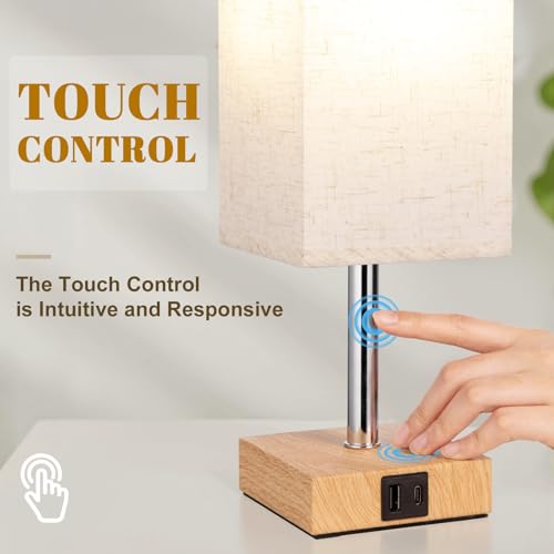 Aooshine Bedside Lamps, Table Lamp for Living Room Bedroom, Touch Lamps Bedside with USB A+C Charging Ports, Dimmable Bedroom Lamp with Fabric Shade for Kids Room, Study, Dorm, Office(Bulb Included)