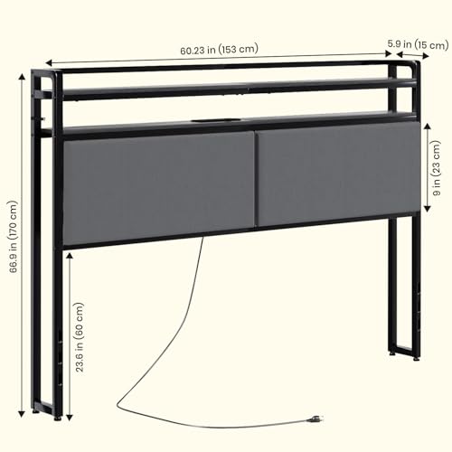 KVOZEN Cabecero de Cama Queen Size 150cm con Luces LED RGB Inteligentes, Cabecero Acolchado con 4 Puertos de Carga USB y Type-C, Estante y Control Remoto, Cabecero Matrimonial Moderno para Dormitorio