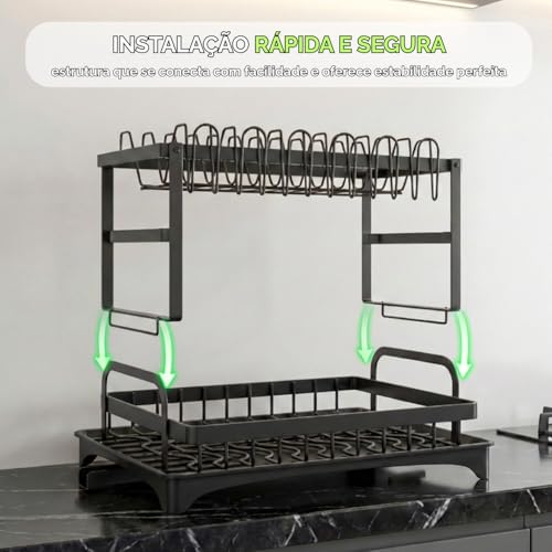 Escorredor de Louça Aço Inox 2 Andares Moderno com Drenagem Automática, Porta Talheres e Bandeja Coletora, Organizador de Pia para Pratos Copos e Utensílios, Resistente e Compacto