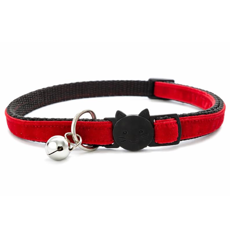 Velvet Cat Collars with Bell | Quick Safety Release Breakaway Buckle | Handmade in the UK | Available in Cat & Kitten Size | Red Velvet — image 1
