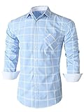 Emiqude Mens Casual Slim Fit Long Sleeve Pocket Constrast Plaid Dress Shirt Large Blue