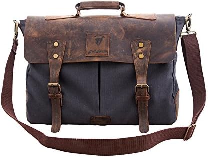 Devil Hunter Genuine Leather Vintage 15" Laptop Canvas Messenger Satchel Briefcase Bag Grey 16"(L)x12"(H) x 4"(W)