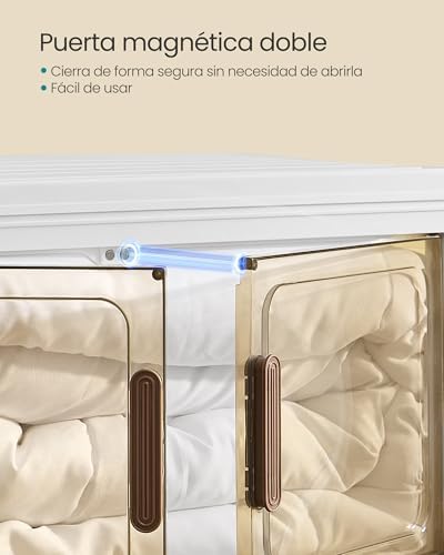 Cajas de Almacenamiento de 4 Niveles, Organizador con 1 Tapa, Cajas Apilables, con Ruedas, de Plástico, con Puerta Magnética, Blanco, 45 L por Nivel, RLB450WZ01