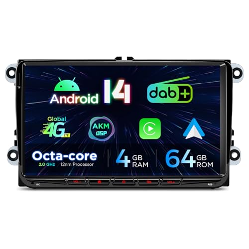 XTRONS Android 14 Car Radio for VW Skoda Seat 9 Inch IPS HD Screen Octa Core 4+64GB Built-in 4G LTE DAB+ WLAN GPS Bluetooth 5.0 Car Play Android Car AKM DSP Optional OBD DVR TPMS