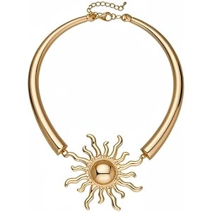 SRUCVOU Gold Silver Chunky Sunburst Pendant Collar Necklace for Women Adjustable Polished Smooth Metal Torque Choker Bold Sta