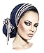 Soft Pre-tied Navy Blue Head-scarf Snood with Black & White Stripe Wrap - 093