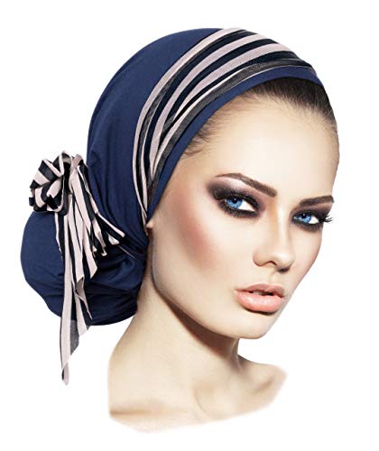 Soft Pre-tied Navy Blue Head-scarf Snood with Black & White Stripe Wrap - 093