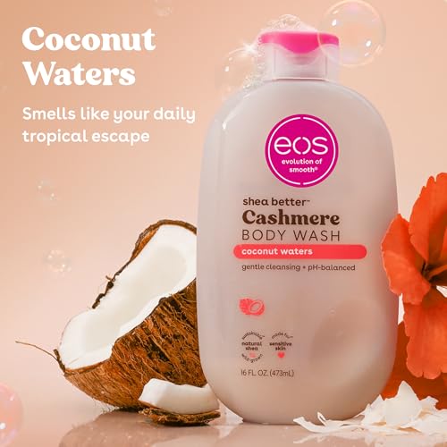 EOS CASHMERE BODY WASH – COCONUT WATERS, MOISTURIZING BODY WASH, CREAMY GEL FORMULA, WITH SHEA BUTTER, GLYCERIN, VITAMIN E, PH BALANCED, SENSITIVE SKIN, VEGAN, 16 FL OZ