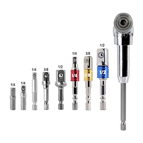 Sockets Adapter Sets 8PCS Power Drill Adapter 1/4 3/8 1/2 Hex Shank Drill Bits Bar Set + 1Pcs 105° Right Angle Driver Hex Square Nut Drill Adapter Attachment (8Pcs Sockets Adapter Sets)