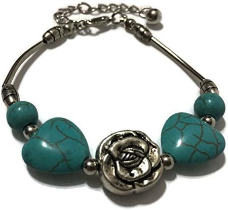 Forge Turquoise Heart And Rhodium Rose In Rhodium Bracelet,Adjustable Size (Adjustable, Silver+Blue)