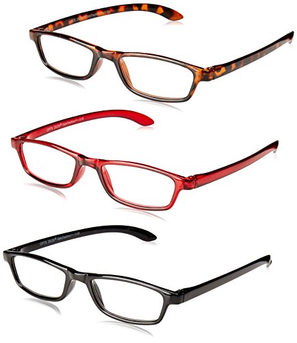 OPTX 20/20 Unisex-Adult Optx 20/20 Tradition+300 (3 Pack) 3PK+300TRA Rectangular Reading Glasses, Black/Tortoise Shell/Crystal red, 3