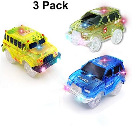 THREE BEARS Light Up Replacement Toy Track Cars (3 Pack), 5 LED Lights Per Vehicles, Glow in The Dark Compatible with Most Tracks ,Boys and Girls