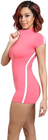 NY Closet Women's Cap Sleeve Mock Neck Stripe Accent On the Side Simple Romper (SMALL, CORAL)
