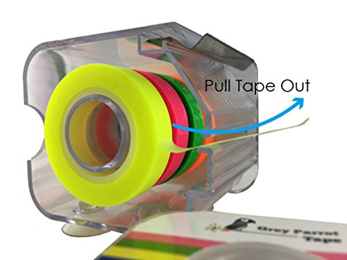GreyParrot Tape Fluorescent Neon Highlighter Tape Removable, (4 Colors Pack), 0.35in(9mm) x 790in Per Roll, Office/Craft Tape/Yellow, Orange, Green, Pink
