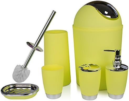 Yellow Bathroom Accessories Sets Complete, 6 Piece Luxury Bath Accessory Set Home Decoration, Lotion Dispenser, Toothbrush Holder, Bathroom Tumblers, Soap Dish, Trash Can, Toilet Brush