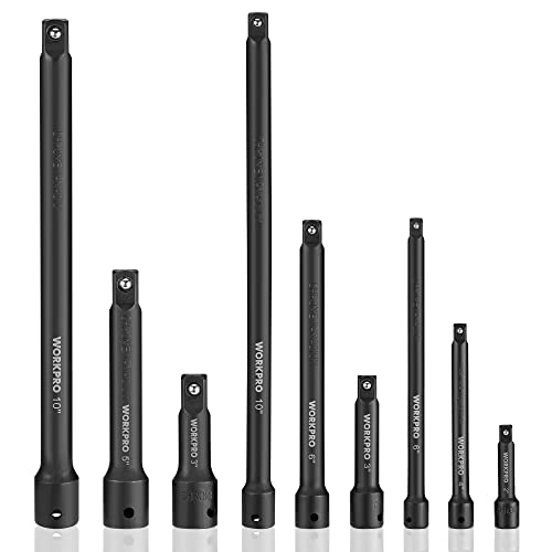 Photo 1 of WORKPRO 9 PCS Impact Driver Extension Bar Set, 1/4", 3/8" and 1/2" Drive Socket Extension, Premium Chrome Vanadium Steel with Black Phosphate Finish, Storage Tray Included