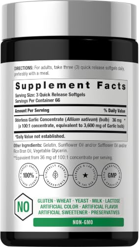 Horbäach Odorless Garlic Softgels | 200 Count | Ultra Potent Garlic Extract | Non-GMO & Gluten Free